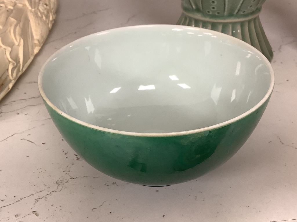 A Chinese green glazed bowl and a Korean celadon vase, height 27cm